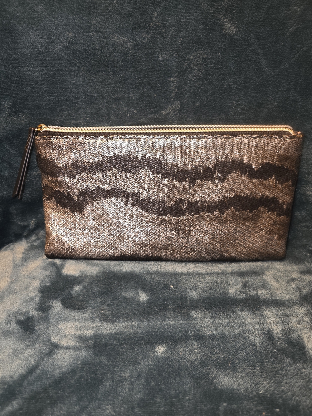 Stella & Dot Bronze and Dark Brown Metallic Zip Cosmetic Pouch